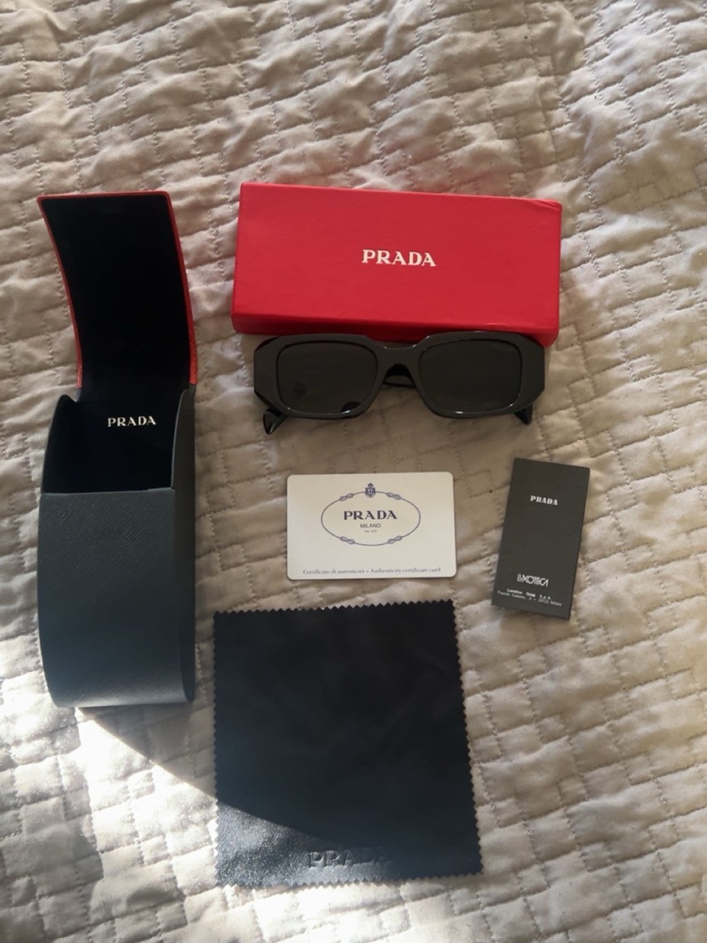 Prada Black Rectangular Sunglasses with Red Branded Box